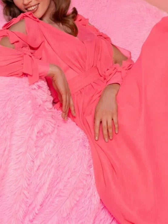 A-Line/Princess V-Neck Long Sleeves Floor-Length Evening Dress