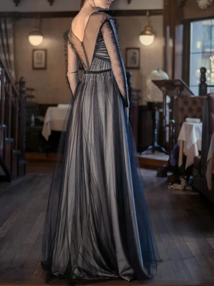 A-Line/Princess Scoop Long Sleeves Floor-Length Evening Dress