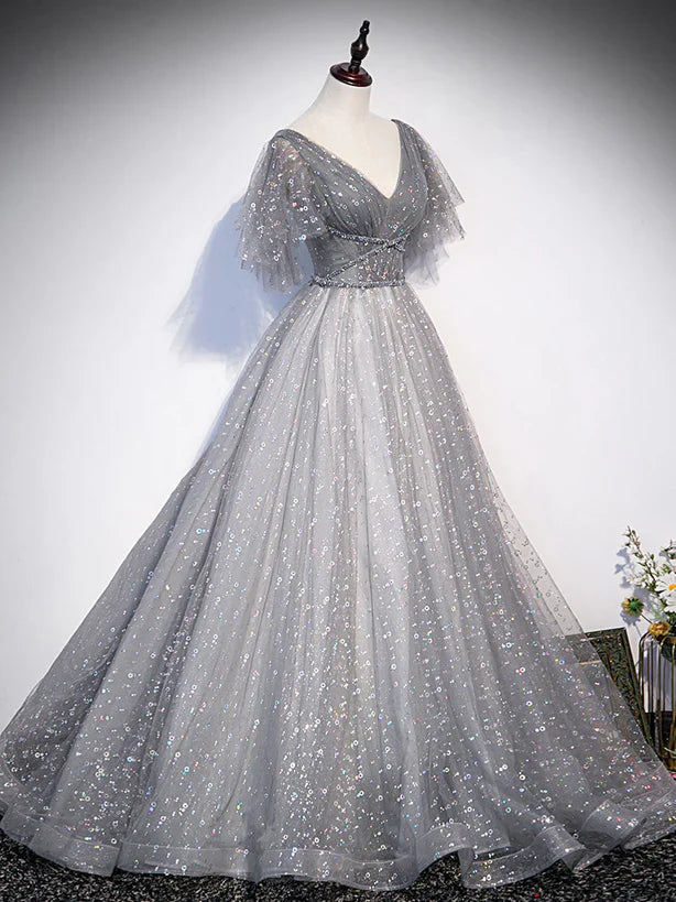 Grey V-neckline Tulle Low Back Long Prom Dress
