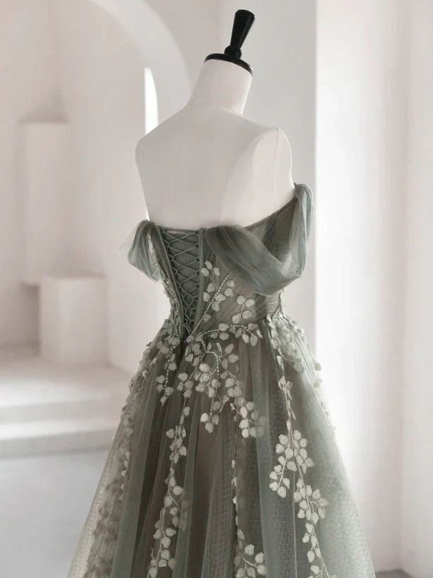 Light Green Tulle Sweetheart A-line Long Party Off Shoulder Prom Dress
