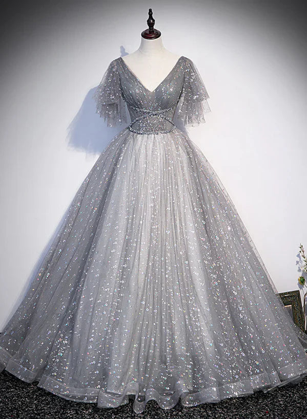 Grey V-neckline Tulle Low Back Long Prom Dress