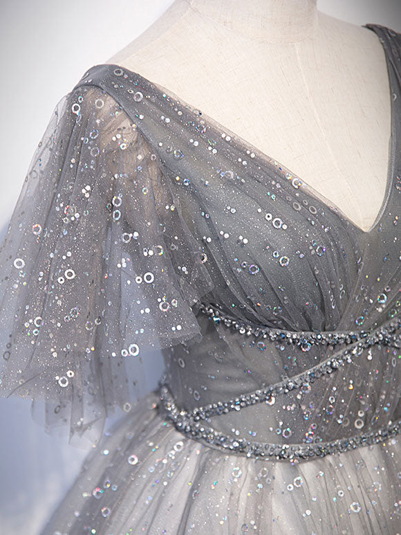 Grey V-neckline Tulle Low Back Long Prom Dress
