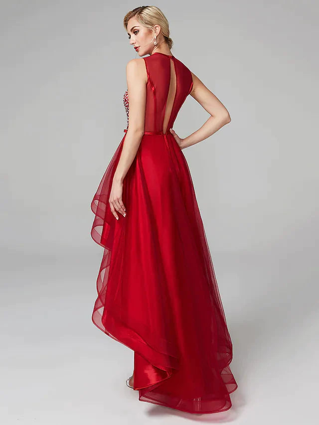 A-Line Sparkle & Shine High Low Keyhole Cocktail Party Prom Dress Jewel Neck Sleeveless Asymmetrical Satin Tulle with Bow(s) Sequin