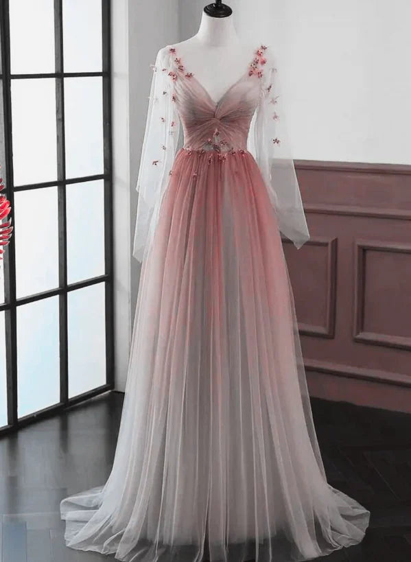 Red Gradient A-line Tulle with Lace Party Dress