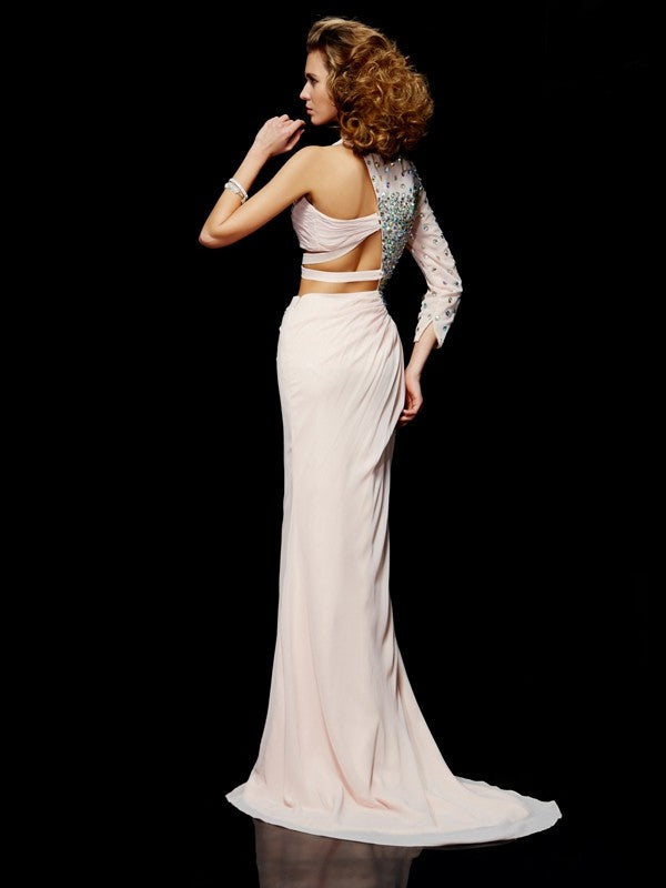 One-Shoulder Sleeveless Ruffles Long Chiffon Dresses
