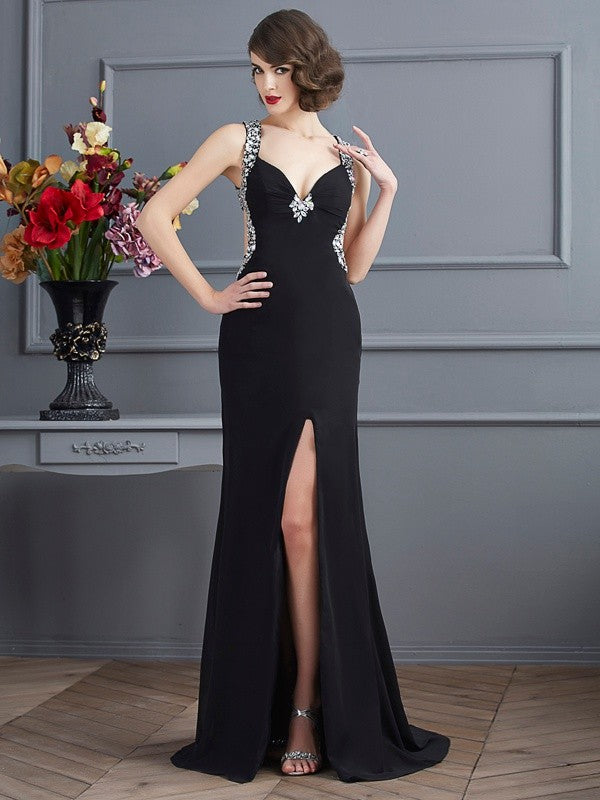 Straps Sleeveless Beading Long Chiffon Dresses