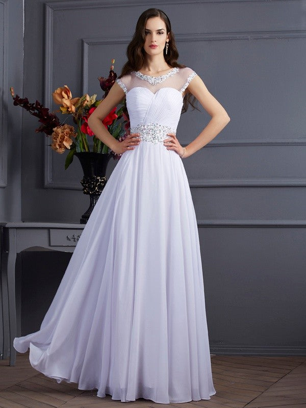 Bateau Short Sleeves Beading Long Chiffon Dresses