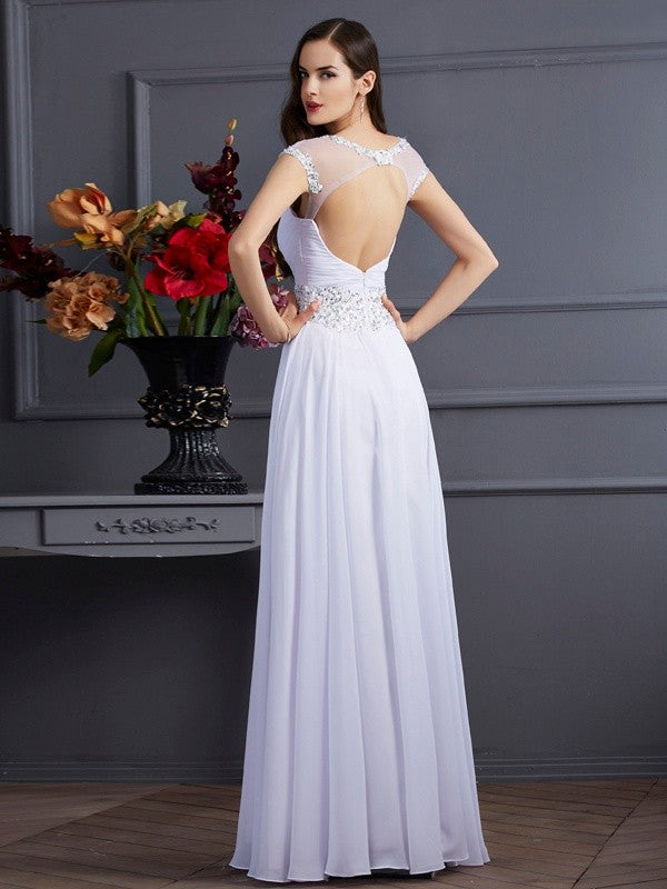 Bateau Short Sleeves Beading Long Chiffon Dresses