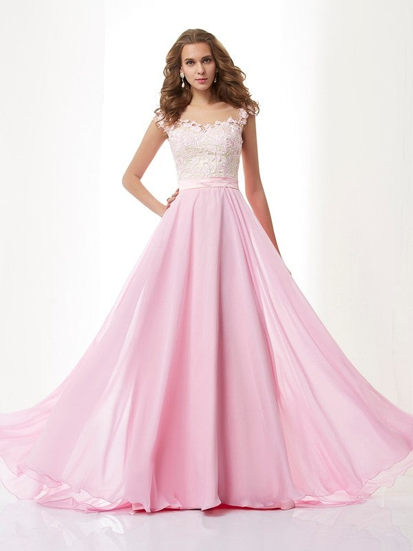 Straps Applique Sleeveless Beading Long Chiffon Dresses