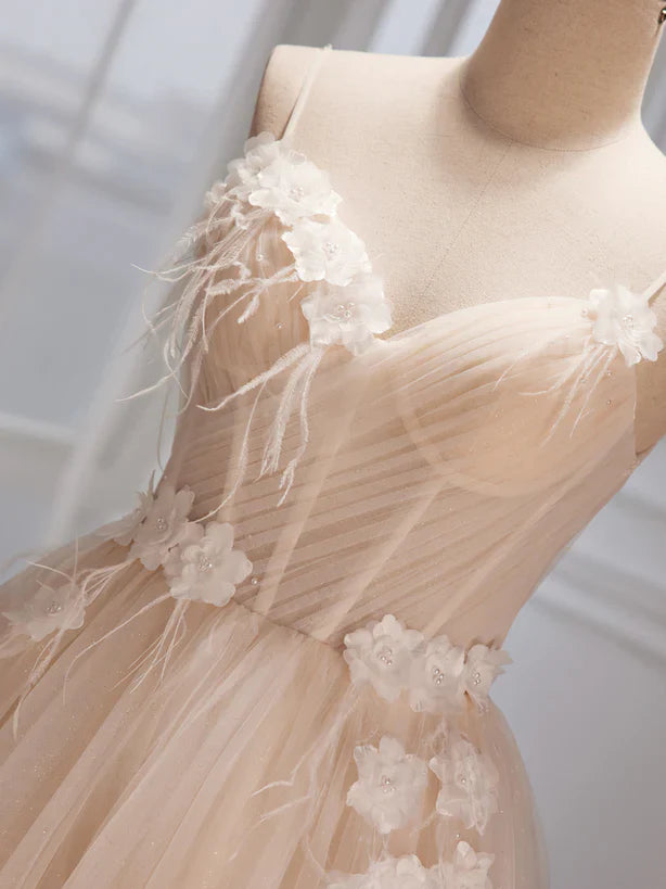 Ivory Tulle with Flowers Straps Prom Dress