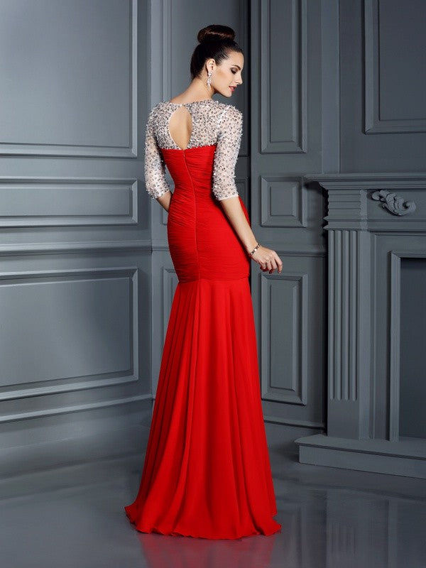 Scoop Beading 3/4 Sleeves Long Chiffon Dresses