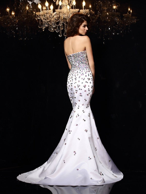Sweetheart Rhinestone Sleeveless Long Satin Dresses
