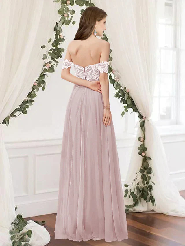 A-Line Off Shoulder Floor Length Chiffon Lace Bridesmaid Dress