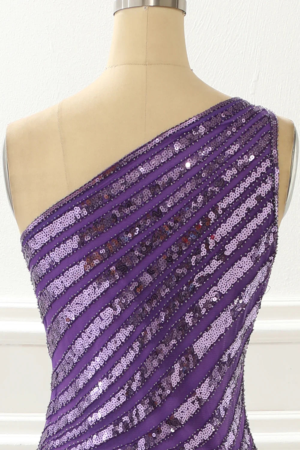 Purple One Shoulder Sequin Prom Dress With Slit