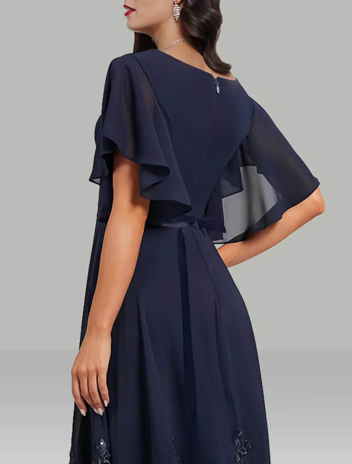 A-Line Wedding Guest Dresses Elegant Dress Cocktail Party Tea Length Short Sleeve V Neck Belt / Sash Chiffon
