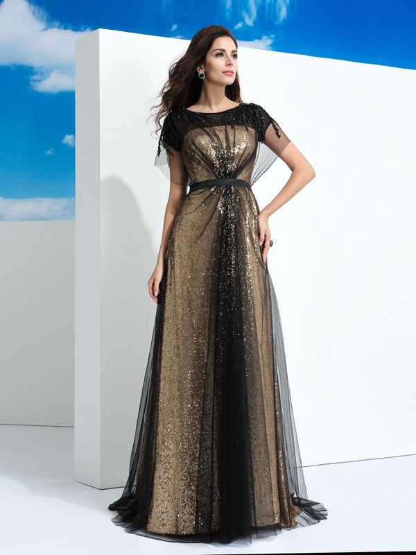 Sheer Neck Paillette Short Sleeves Long Net Dresses