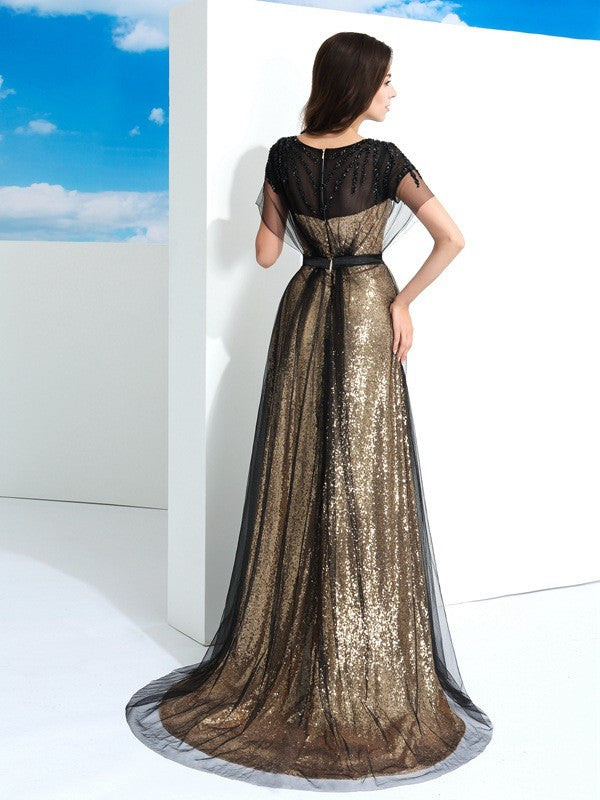 Sheer Neck Paillette Short Sleeves Long Net Dresses