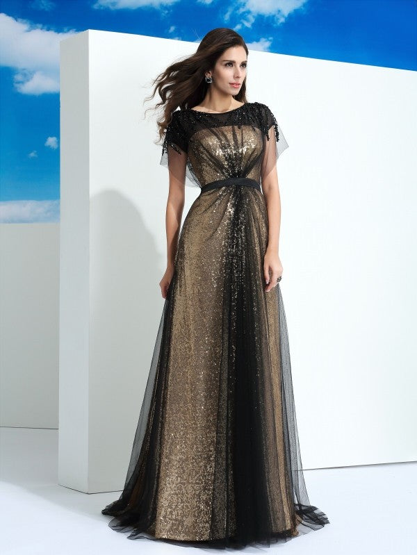 Sheer Neck Paillette Short Sleeves Long Net Dresses