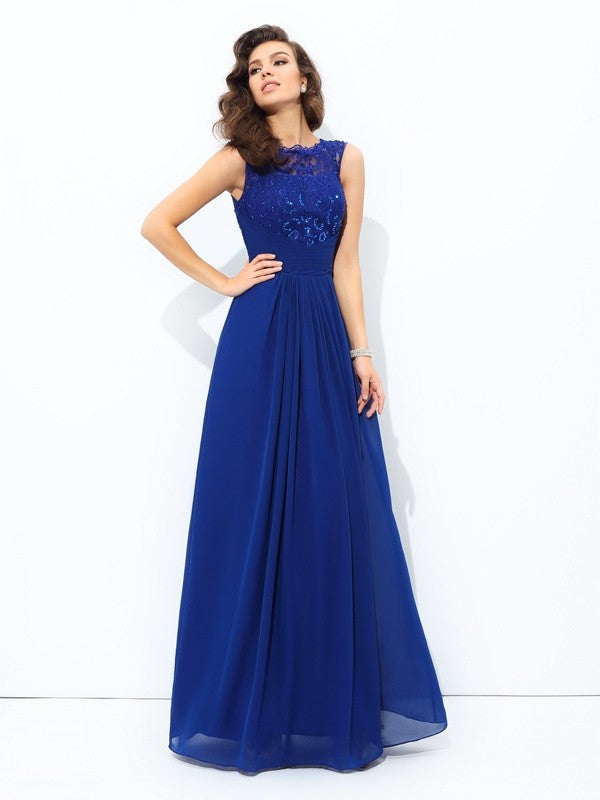 Scoop Lace Sleeveless Long Chiffon Dresses