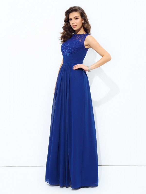 Scoop Lace Sleeveless Long Chiffon Dresses