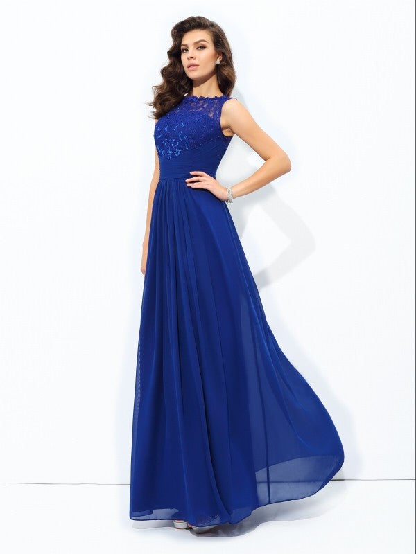 Scoop Lace Sleeveless Long Chiffon Dresses