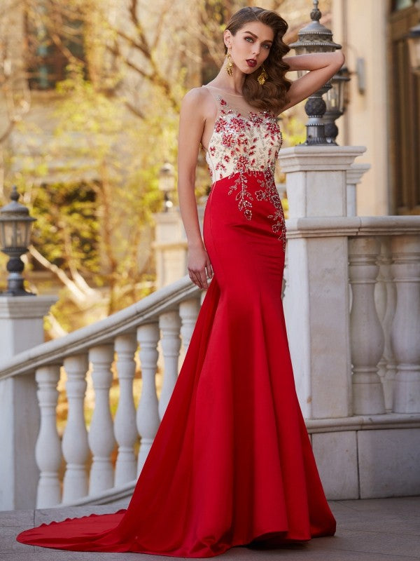 Sheer Neck Sleeveless Court Train Applique Satin Dresses