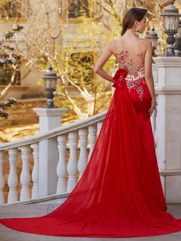 Sheer Neck Sleeveless Court Train Applique Satin Dresses