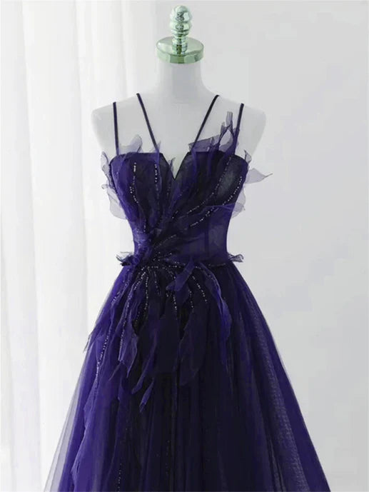 Purple Tulle with Lace Applique Long Prom Dress