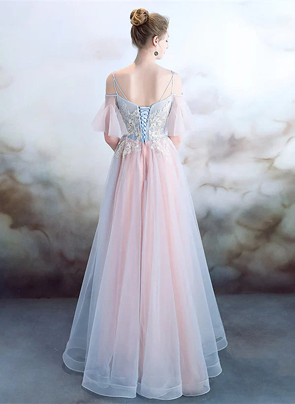A-line Off Shoulder Tulle Pink with Lace Applique Party Prom Dress