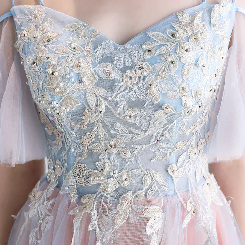A-line Off Shoulder Tulle Pink with Lace Applique Party Prom Dress
