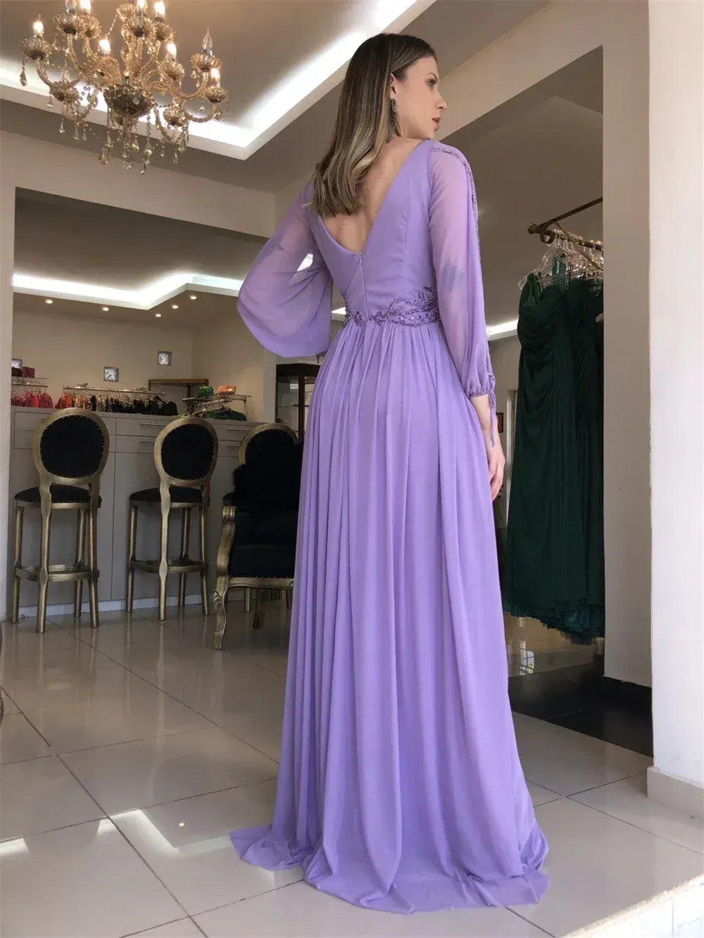A-Line Deep V-Neck Split Sleeve Beaded Chiffon Lavender Long Evening Dress