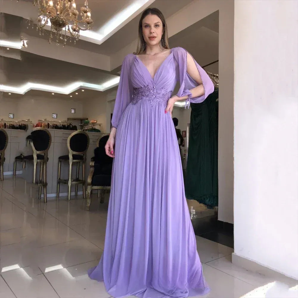 A-Line Deep V-Neck Split Sleeve Beaded Chiffon Lavender Long Evening Dress