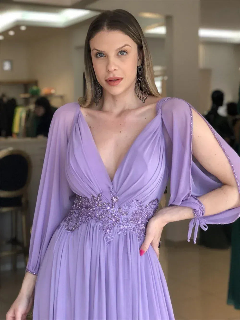A-Line Deep V-Neck Split Sleeve Beaded Chiffon Lavender Long Evening Dress