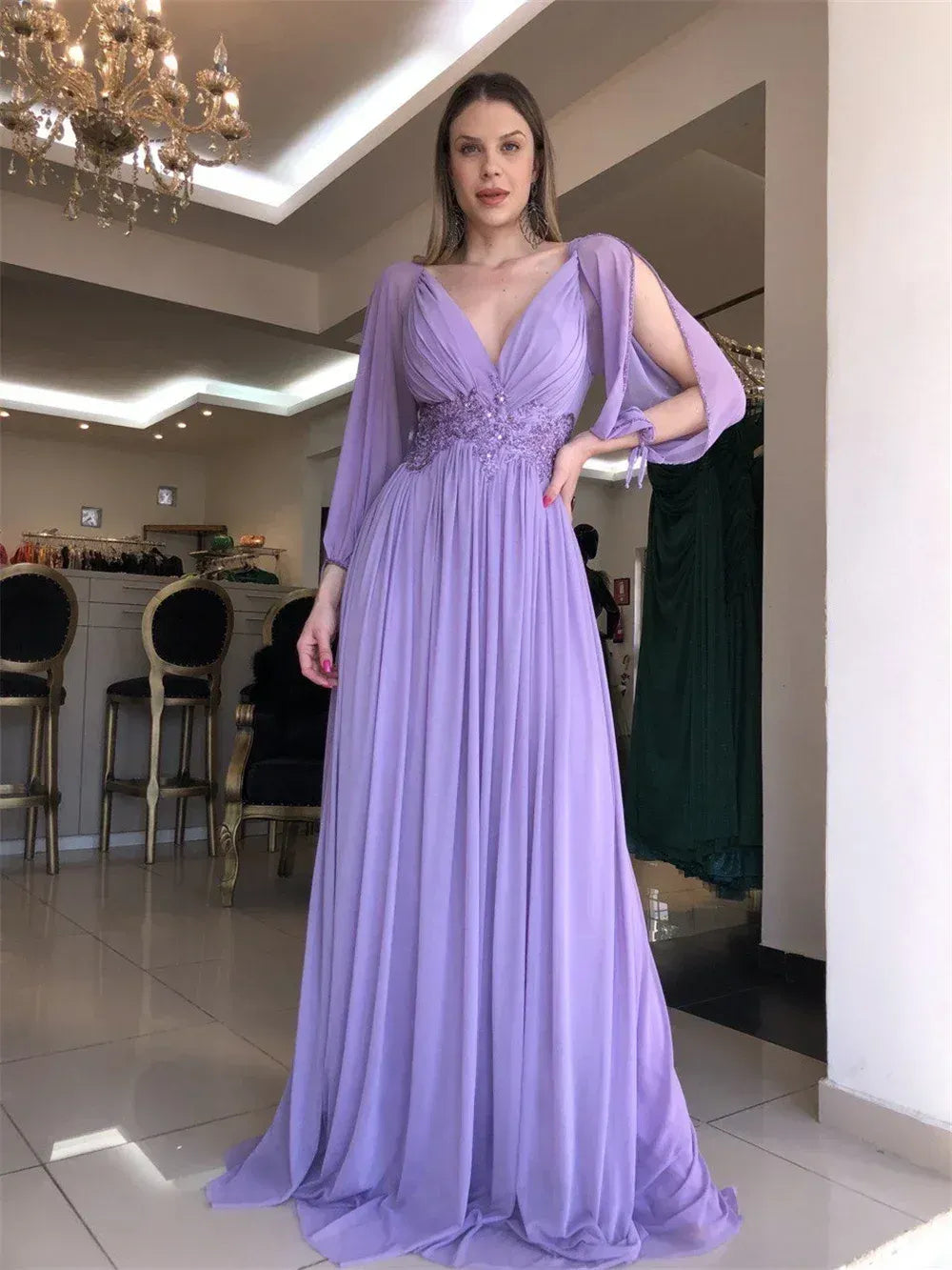 A-Line Deep V-Neck Split Sleeve Beaded Chiffon Lavender Long Evening Dress