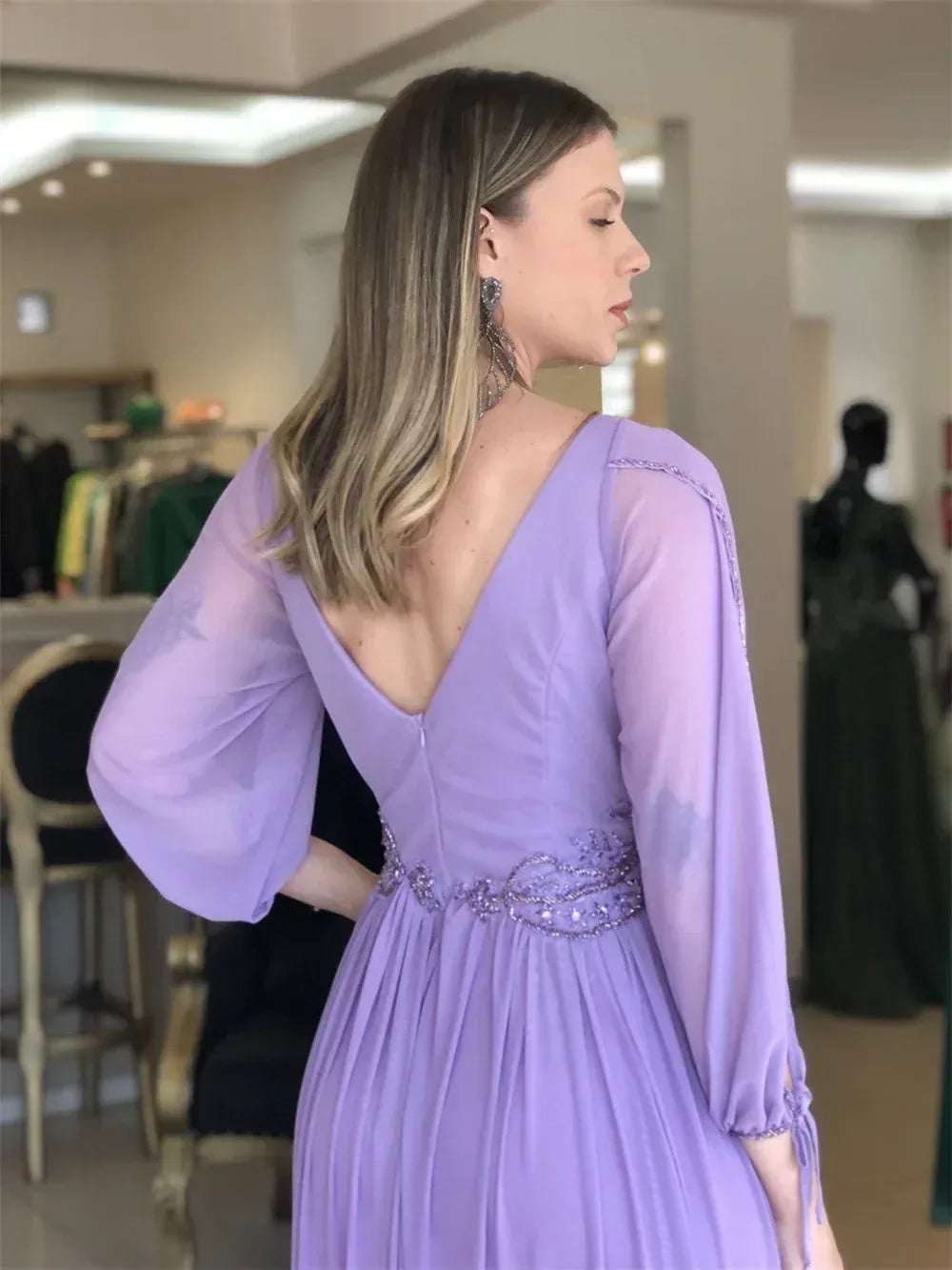 A-Line Deep V-Neck Split Sleeve Beaded Chiffon Lavender Long Evening Dress
