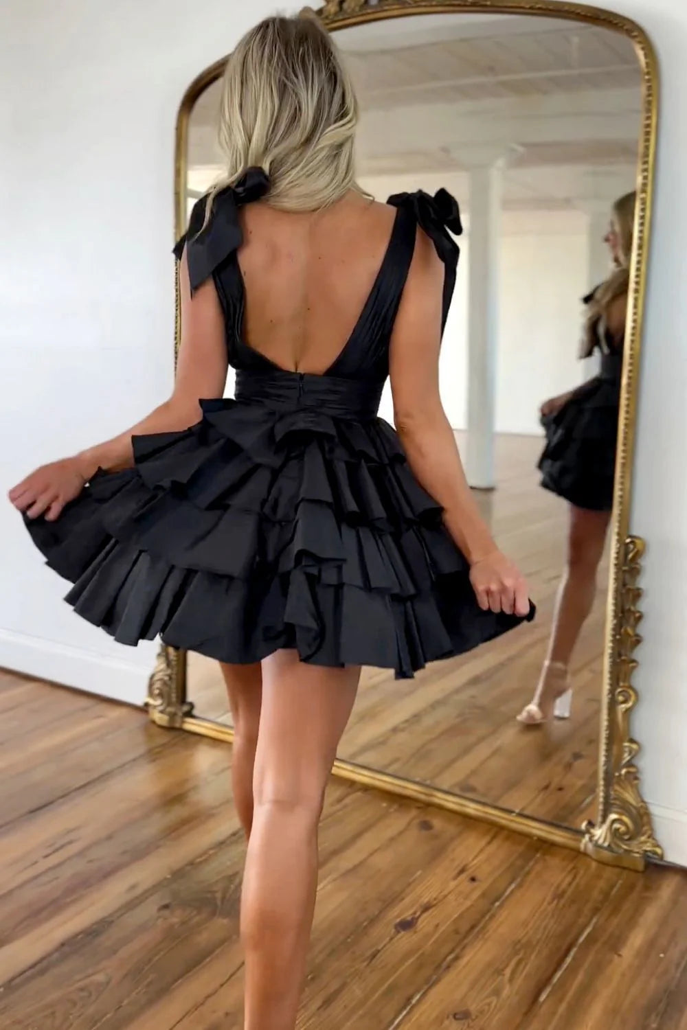 A-Line Deep V-Neck Tiered Open Back Satin Black Short Homecoming Dress