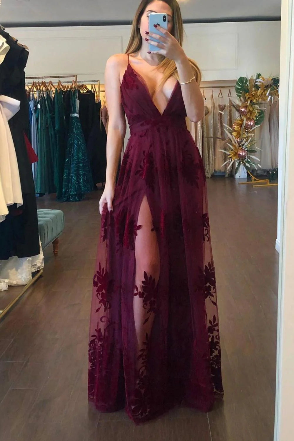 A-Line Deep V Neck Burgundy Floor Length Prom Dress With Slit