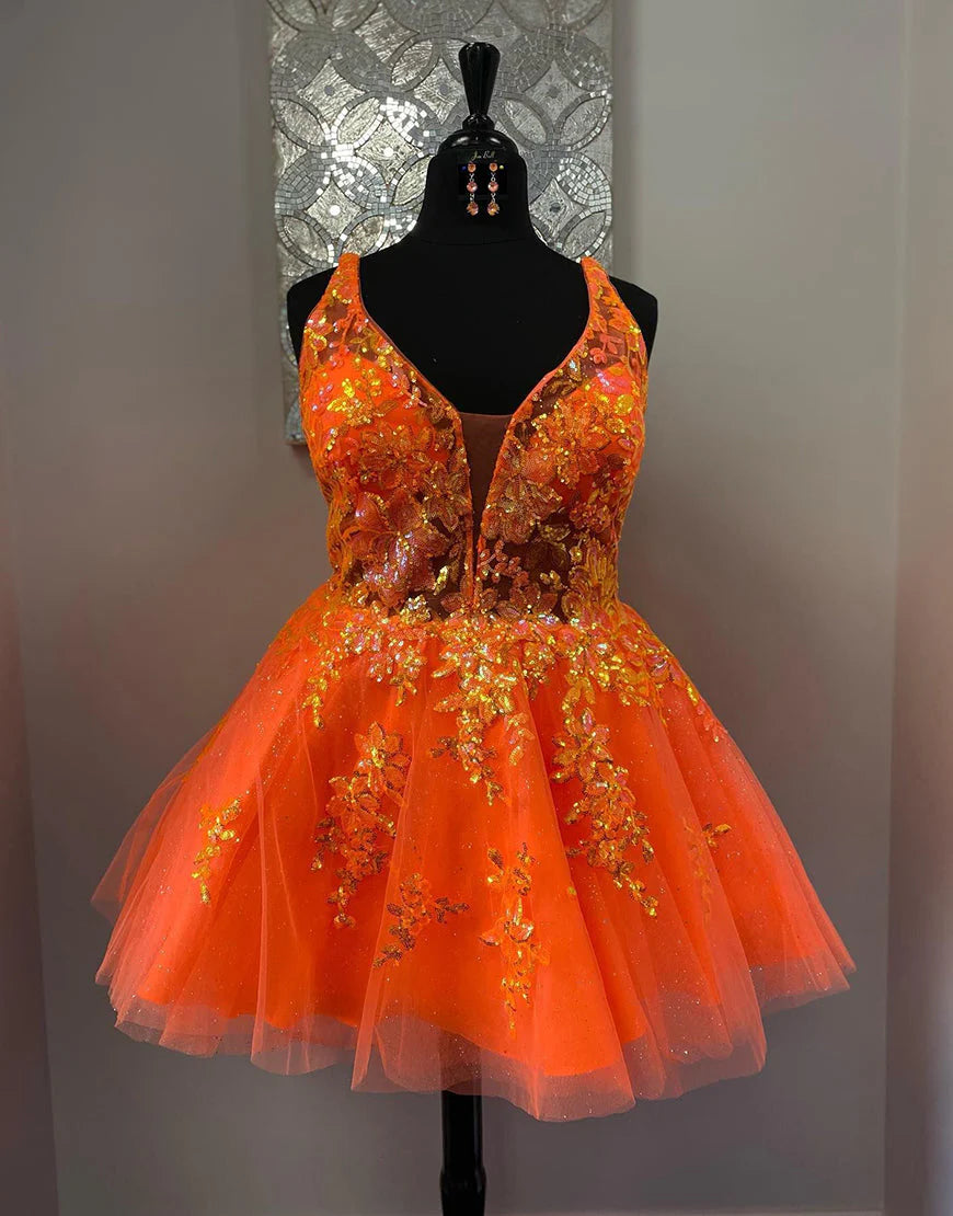 A-Line Deep V Neck Royal Blue Short Homecoming Dress With Sequins Appliques