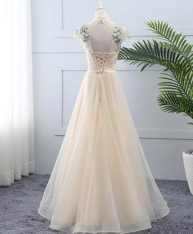 A-Line Floral Embroidery Tulle Lace Light Champagne Party Dress Prom Dress