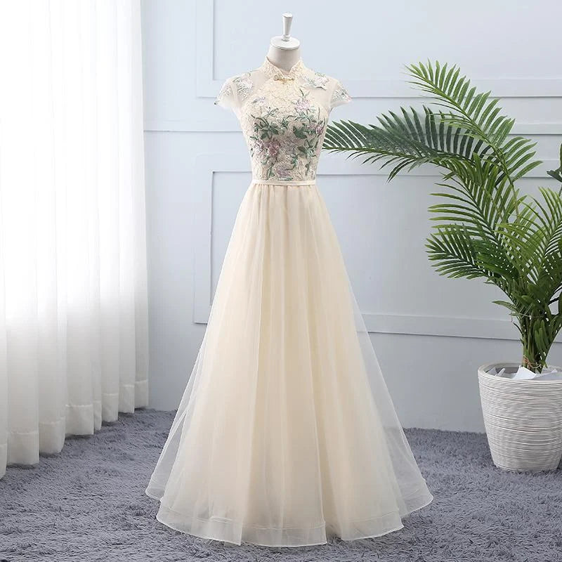 A-Line Floral Embroidery Tulle Lace Light Champagne Party Dress Prom Dress