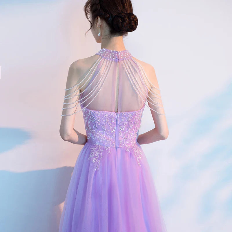 A-Line Half High Neck Beaded Tulle Purple Floor Length Prom Dress