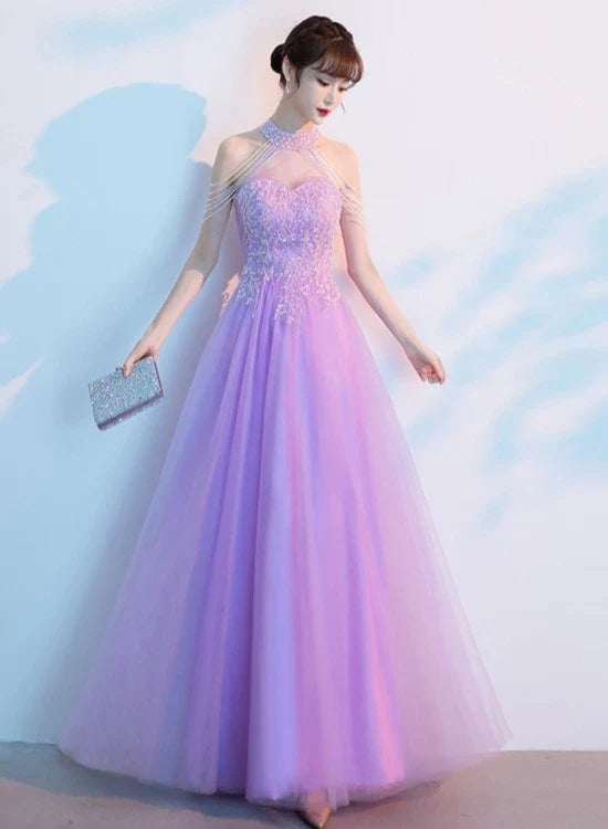 A-Line Half High Neck Beaded Tulle Purple Floor Length Prom Dress