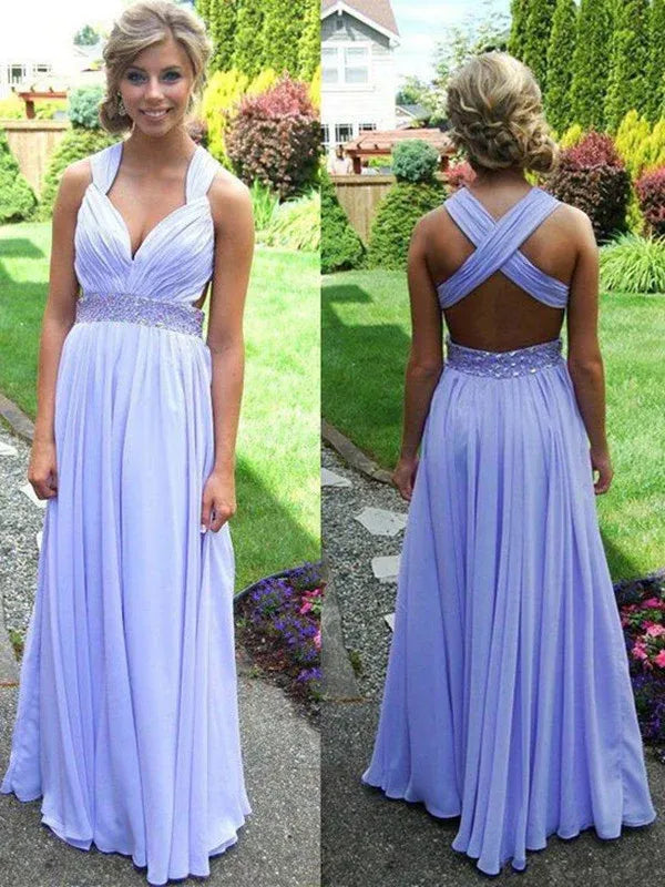 A-Line Halter Beaded Cross-back Chiffon Lavender Long Prom Dress For Sale