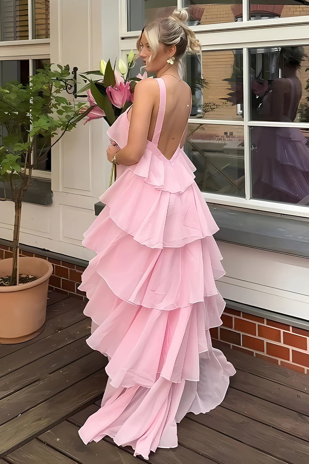 A-Line Halter Neck 3D Rose Ruffles Tiered Pink Long Prom Dress