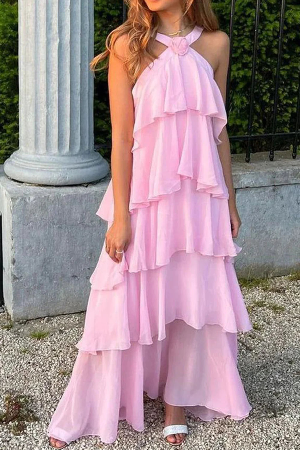A-Line Halter Neck 3D Rose Ruffles Tiered Pink Long Prom Dress