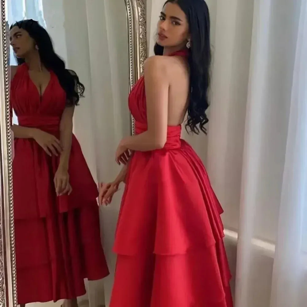 A-Line Halter Ruched Backless Tiered Ruffle Satin Red Long Prom Dress