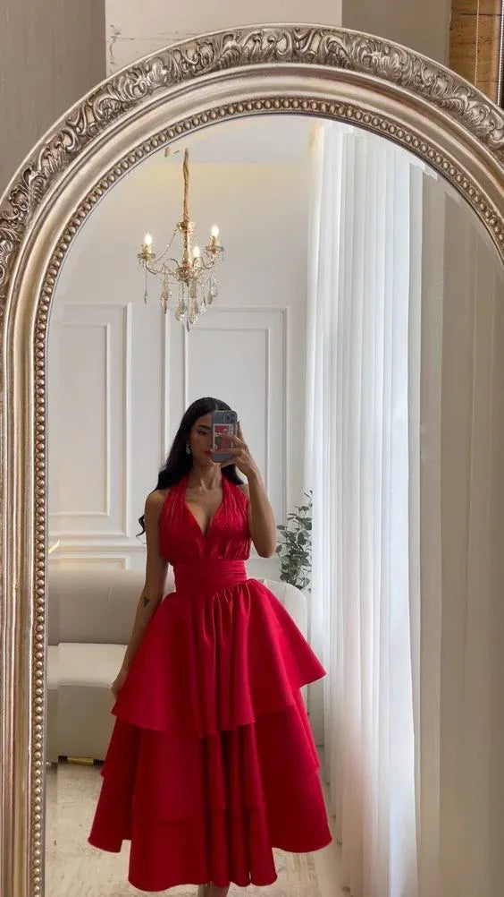 A-Line Halter Ruched Backless Tiered Ruffle Satin Red Long Prom Dress