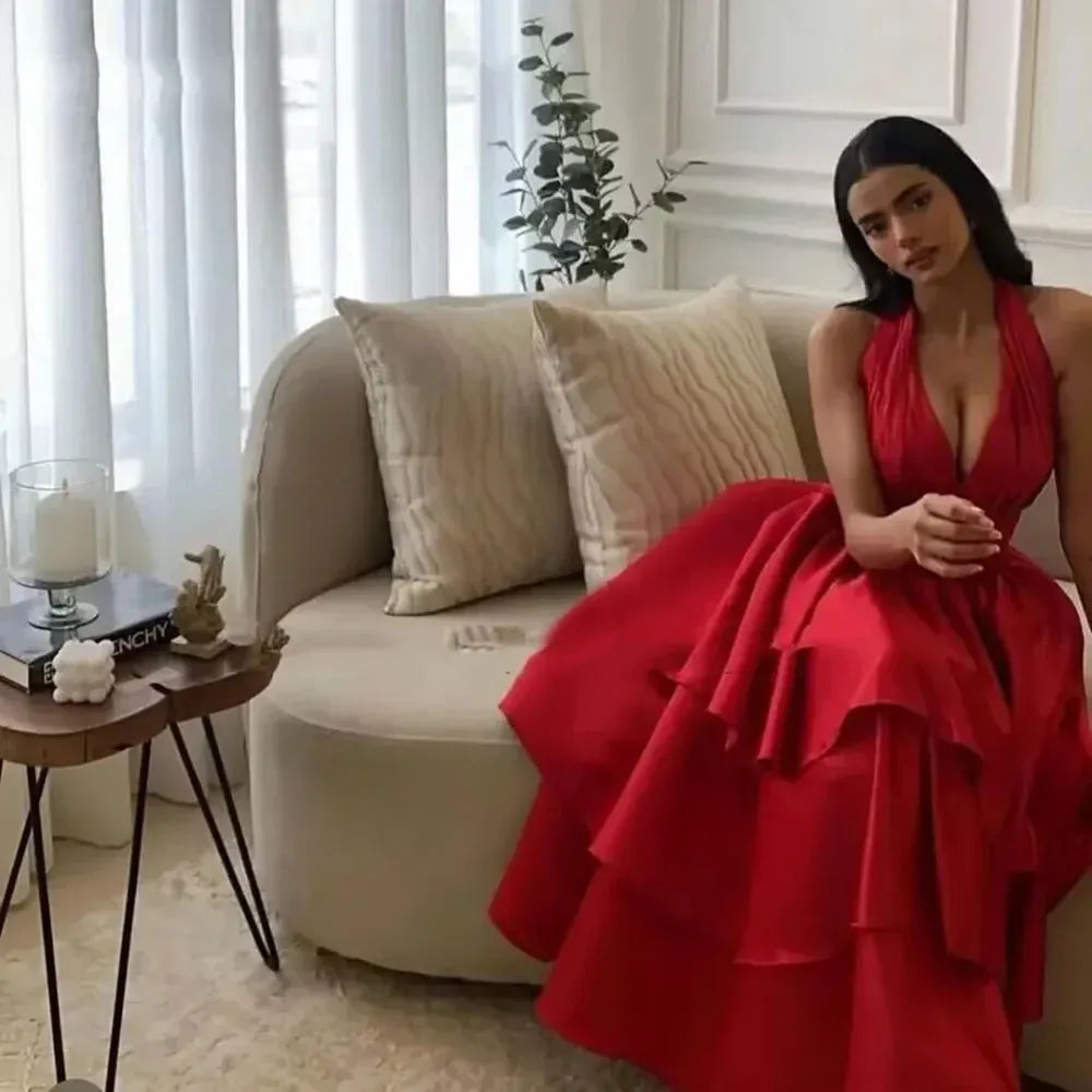 A-Line Halter Ruched Backless Tiered Ruffle Satin Red Long Prom Dress