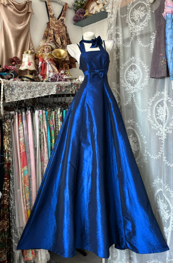 A-Line Halter Spaghetti Straps Satin Blue Long Evening Dresses With Bow