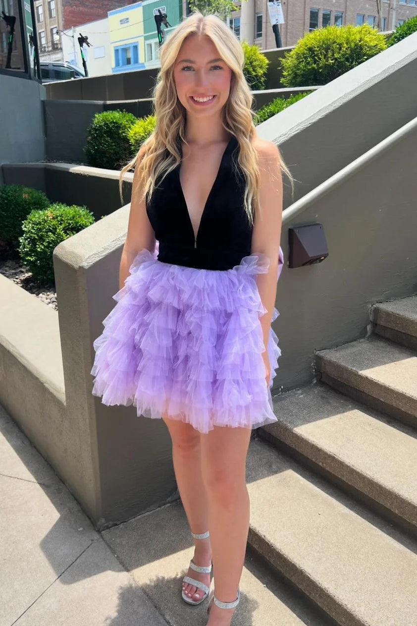 A-Line Halter V-Neck Open Back Tulle Black And Purple Short Homecoming Dress